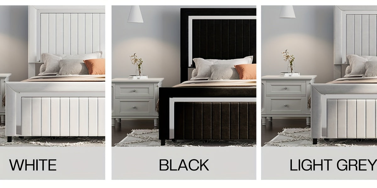 LUXOAK Queen Size LED Platform Bed Frame with Upholstered Design, Includes 4 Storage Drawers, Adjustable Headboard with Vertical Channels, No Box Spring Needed