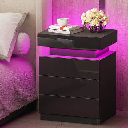 Nightstand with LED Lights, 3 Drawers and 1 Flapping Top Storage Box, White Night Stand for Bedroom, Modern Tall Bedside Table with High Gloss Panel, Glacier White, Darknight Black