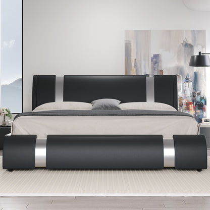 HOOMIC Modern Faux Leather Bed Frame With Iron Pieces Decor, Low Profile Platform Bed With Height-Adjustable Headboard, Solid Wood Slat Support, No Box Spring Needed