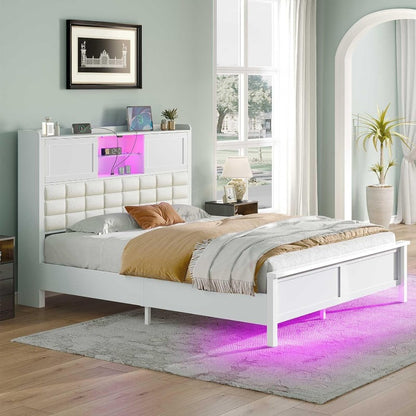 Greenstell Bed Frame Twin/Full/Queen Size with Charging Station, Bookcase Headboard Bed with LED Light and Sliding Doors, Platform Bed with Wooden Slats, No Box Spring Needed, Noise Free