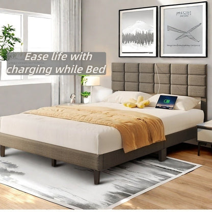 Twin/Full/Queen/King Size Platform Bed Frame with Fabric Upholstered Headboard and Wooden Slats Support, Leather Upholstered Headboard, and Built-in Charging Station, Upholstered Mattress Foundation/No Box Spring Needed/Easy