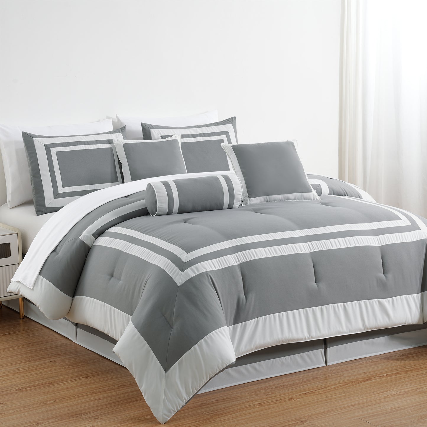 Caprice 7-Piece Modern Hotel Style Square Pattern Comforter Set with Decorative Pillows, Cal King/King/Queen/Full Size