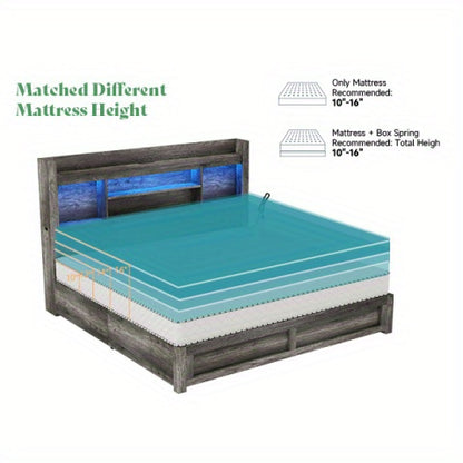 PAPABABE Bed Frame Featuring a 49.6-Inch Bookcase Headboard, Four Drawers, And Two Removable Storage Racks - a Farmhouse-Style Wooden Bed Frame Equipped with RGB LED Lights And a Charging Station, No Box Spring Required.