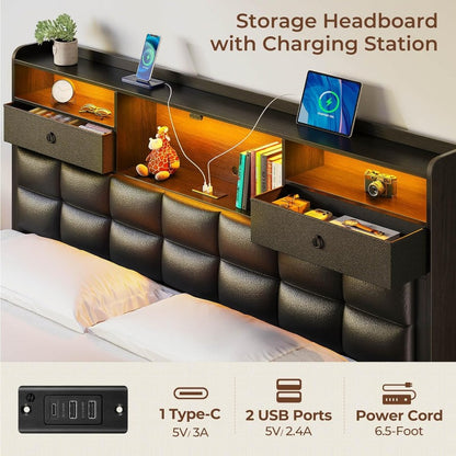 Bed Frame Full/Queen/King Size with Drawers and Charging Station, Upholstered Platform Bed with Storage Headboard and LED Light, Heavy Duty Metal Frame Support, No Box Spring Needed, Noise Free,