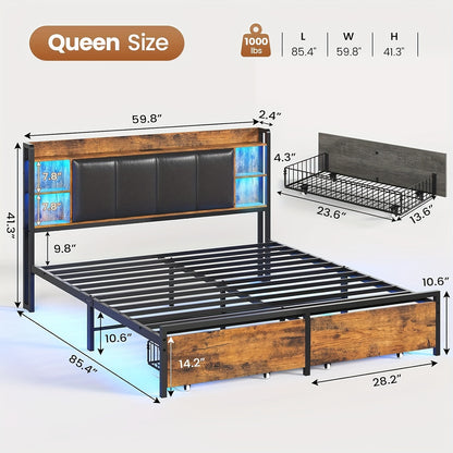Queen Size Bed Frame with LED Lights, Modern Platform Bed Frame with 2 Storage Drawers and Headboard (Rustic Brown)