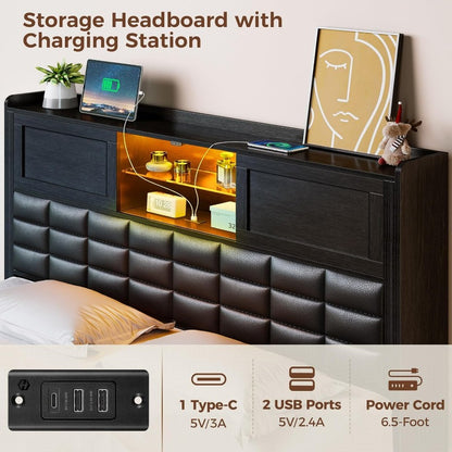 Greenstell Bed Frame Twin/Full/Queen Size with Charging Station, Bookcase Headboard Bed with LED Light and Sliding Doors, Platform Bed with Wooden Slats, No Box Spring Needed, Noise Free