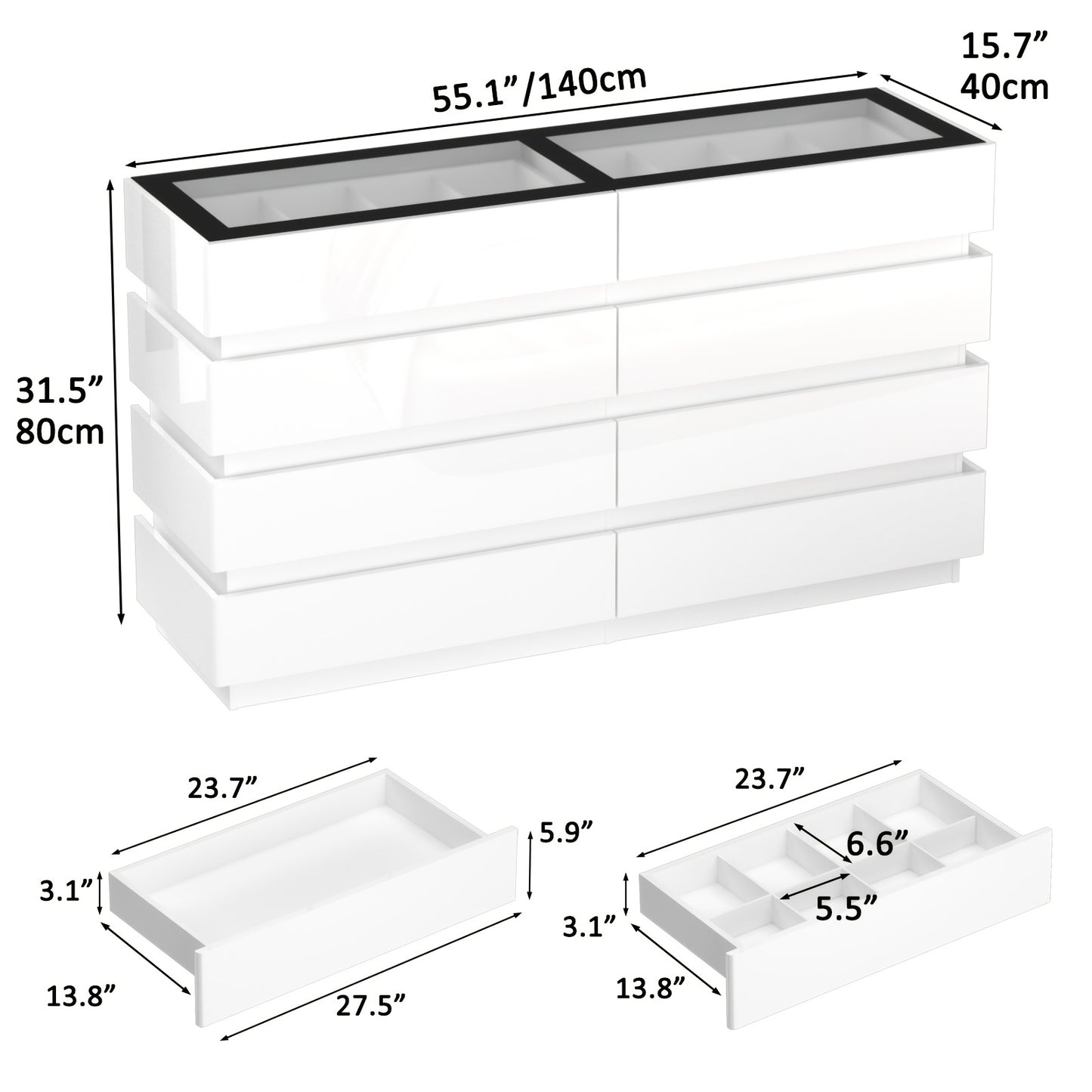 Modern 8-Drawer Dresser with Glass Top, High Gloss White Chest of Drawers, RGB LED Illumination, Wood-Based Panel & Hardwood Jewelry Display, with Closed Storage <3.2 Cubic Feet, for Bedroom, Living Room - US Plug, 110-130V
