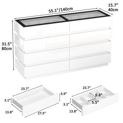 Modern 8-Drawer Dresser with Glass Top, High Gloss White Chest of Drawers, RGB LED Illumination, Wood-Based Panel & Hardwood Jewelry Display, with Closed Storage <3.2 Cubic Feet, for Bedroom, Living Room - US Plug, 110-130V