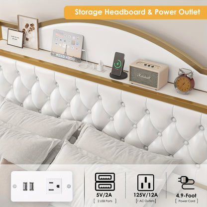 FULTRU Full/Queen/King Size Bed Frame with Storage Headboard, Platform Bed Frame with Storage Headboard, Large Storage Drawers & Charging Station, No Box Spring Needed, Noise Free (White-PU, Cream-Velvet)