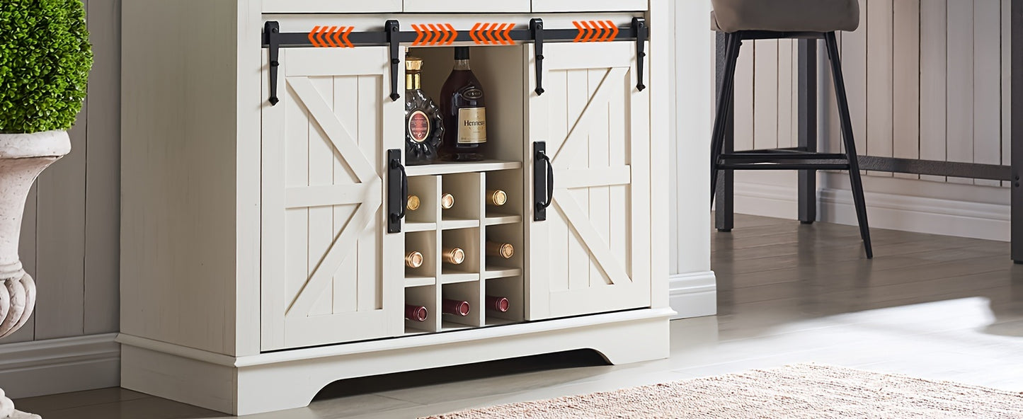 72" Farmhosue Bar Cabinet With Sliding Barn Door, Large Kitchen Buffet With Hutch W/Wine & Glasses Rack, 3 Drawers, 12 Storage Shelves, Rustic Coffee Bar Sideboard Table