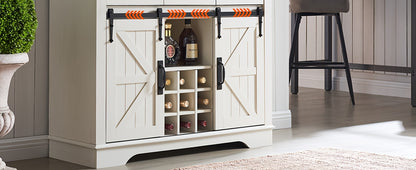 72" Farmhosue Bar Cabinet With Sliding Barn Door, Large Kitchen Buffet With Hutch W/Wine & Glasses Rack, 3 Drawers, 12 Storage Shelves, Rustic Coffee Bar Sideboard Table