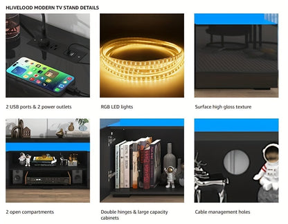 LED TV Stand For 85 Inch TV, Modern Gaming TV Stand With Power Outlet, High Gloss TV Console Entertainment Center With Storage And LED Lights For Living Room, Bedroom