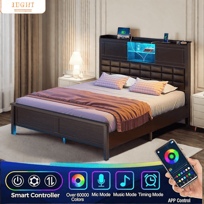Greenstell Bed Frame Twin/Full/Queen Size with Charging Station, Bookcase Headboard Bed with LED Light and Sliding Doors, Platform Bed with Wooden Slats, No Box Spring Needed, Noise Free
