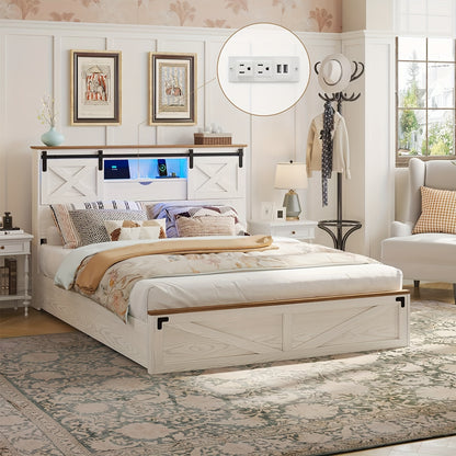 Farmhouse Metal Bed Frame with LED Lights & Charging Station, Queen Size Platform Bed with Storage Shelves & 2 Drawers, Walnut White