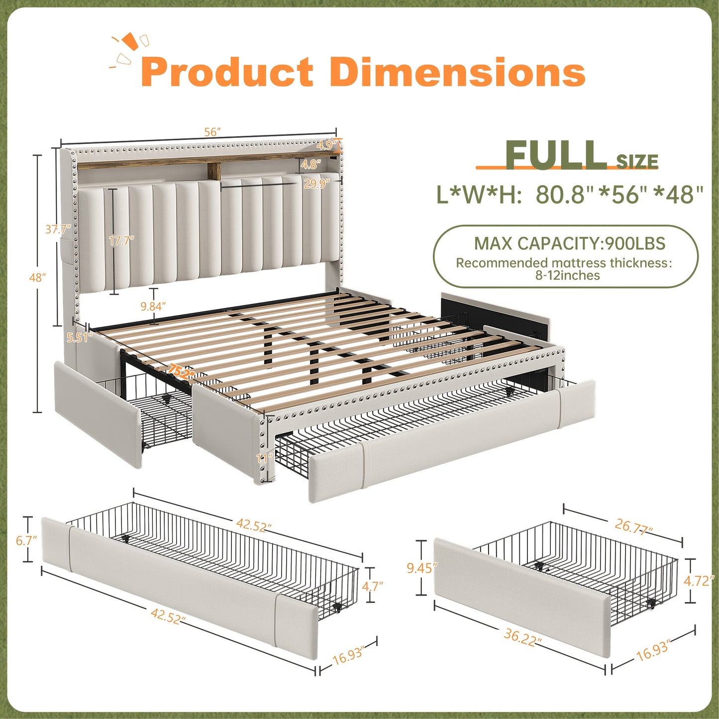 ENHOMEE King Size Upholstered Storage Bed with 3 Drawers & 2-Tier Nightstand Shelves - Modern Platform Bed Frame, Quick Assembly, Metal Frame, Contemporary Style