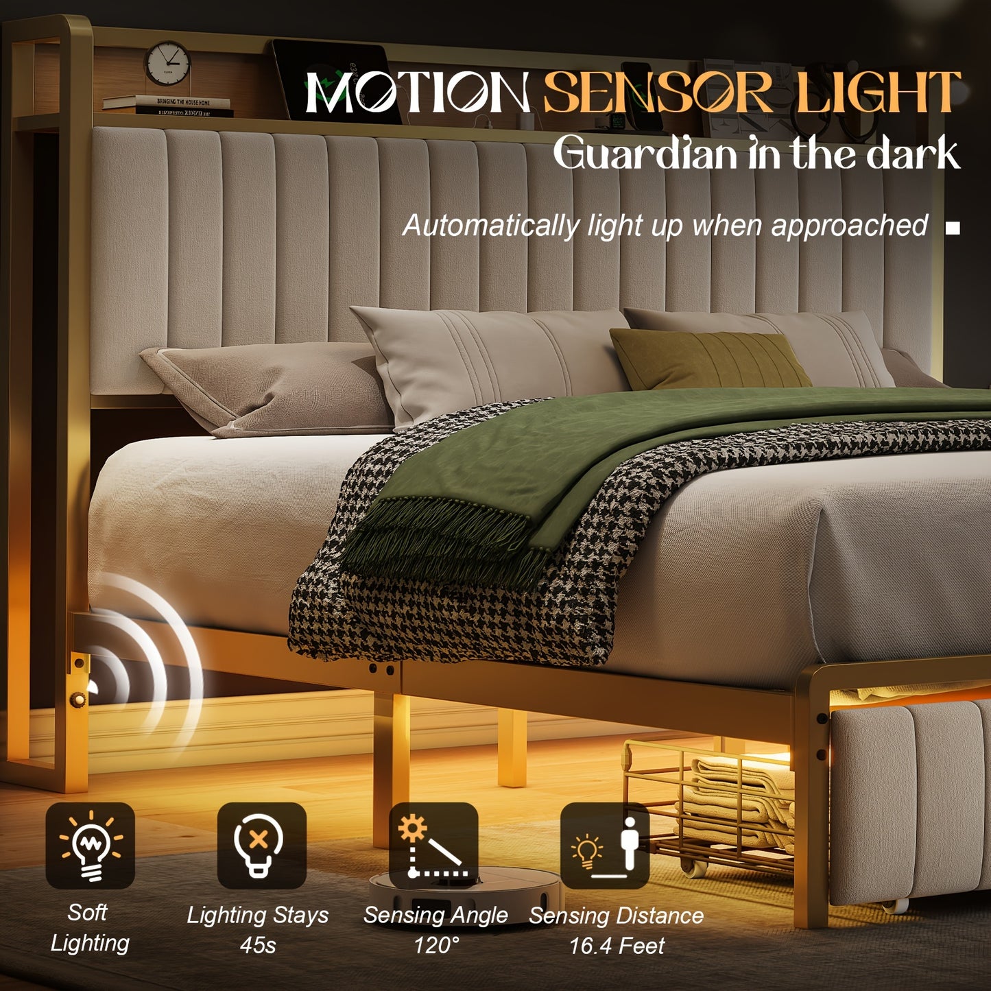 PaPaJet Upholstered Bed Frame with Sensor Light, Storage Headboard Bed with Drawer & Charging Station, No Box Spring Needed