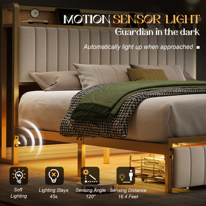 PaPaJet Upholstered Bed Frame with Sensor Light, Storage Headboard Bed with Drawer & Charging Station, No Box Spring Needed