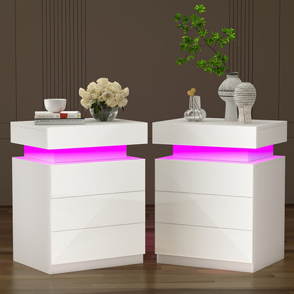 Nightstand with LED Lights, 3 Drawers and 1 Flapping Top Storage Box, White Night Stand for Bedroom, Modern Tall Bedside Table with High Gloss Panel, Glacier White, Darknight Black