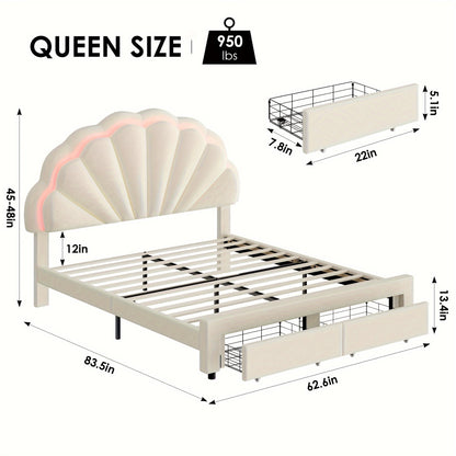 FULTRU LED Bed Frame With Large Storage Drawer, Velvet Upholstered Platform Bed With Adjustable Floral Headboard