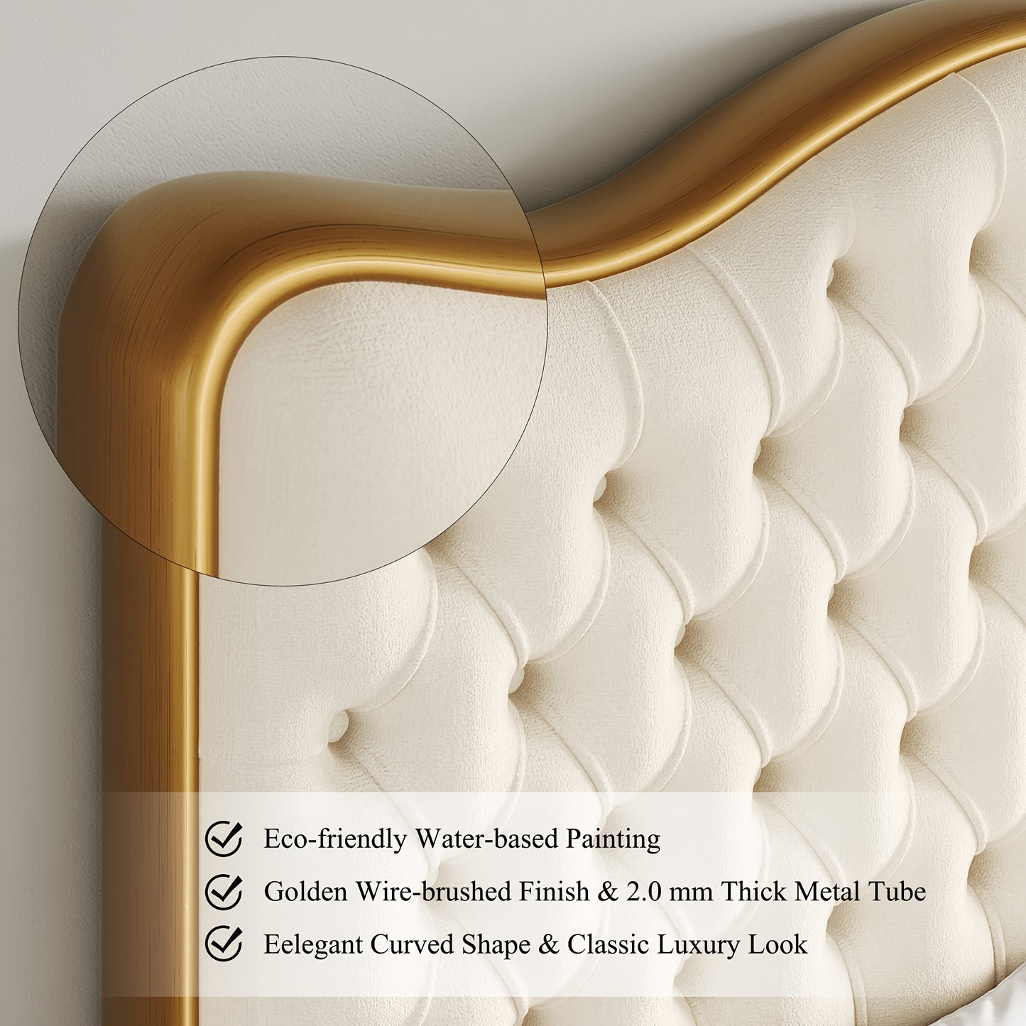 FULTRU Queen/King Size Bed Frame, 55" Tall Platform Bed with Curved Headboard, Velvet/Leather Upholstered Bed with Deep Tufted Button, Handmade Pleats, Gold/Black Metal Frame, Wooden Slats Support, No Box Spring Needed