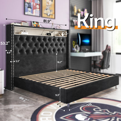 Albott Velvet Wingback Bed Frame with LED USB charging, black, 53.2 in tall tufted headboard; no box spring.