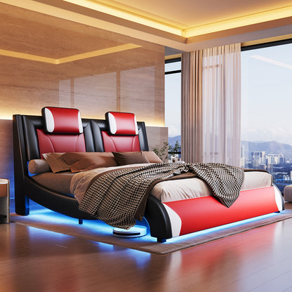 Modern Elegance Meets Functionality: PaPaJet Full Floating Bed Frame With Built-in LED Lights, Faux Leather Upholstery, & Wave-Shaped Curves, No Box Spring Required