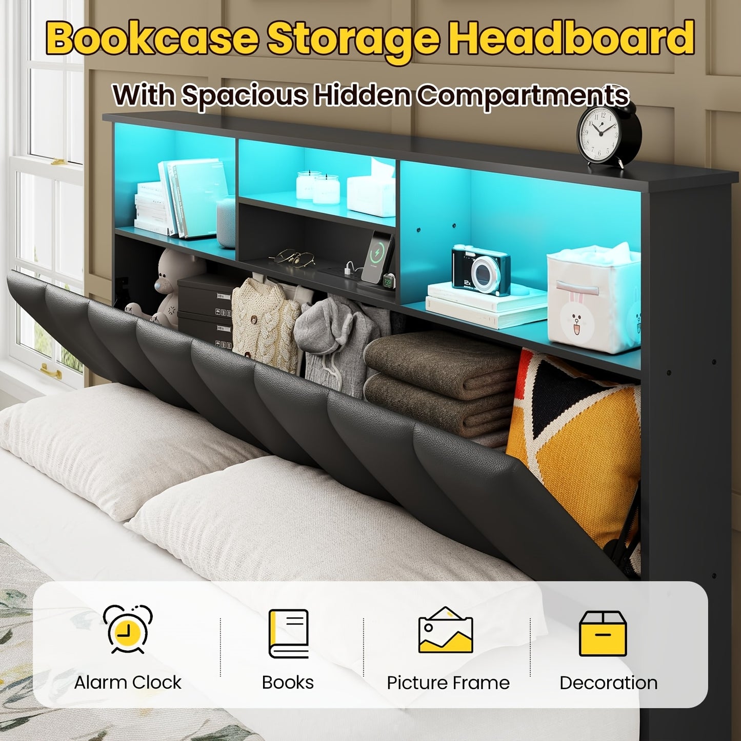 MSmask Queen Size LED Bed Frame with Storage Headboard, 4 Drawers & Bookcase - Contemporary Metal Design, RGB Lighting, Built-in Charging Station, Ideal for Modern Bedrooms