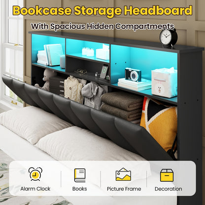 MSmask Queen Size LED Bed Frame with Storage Headboard, 4 Drawers & Bookcase - Contemporary Metal Design, RGB Lighting, Built-in Charging Station, Ideal for Modern Bedrooms