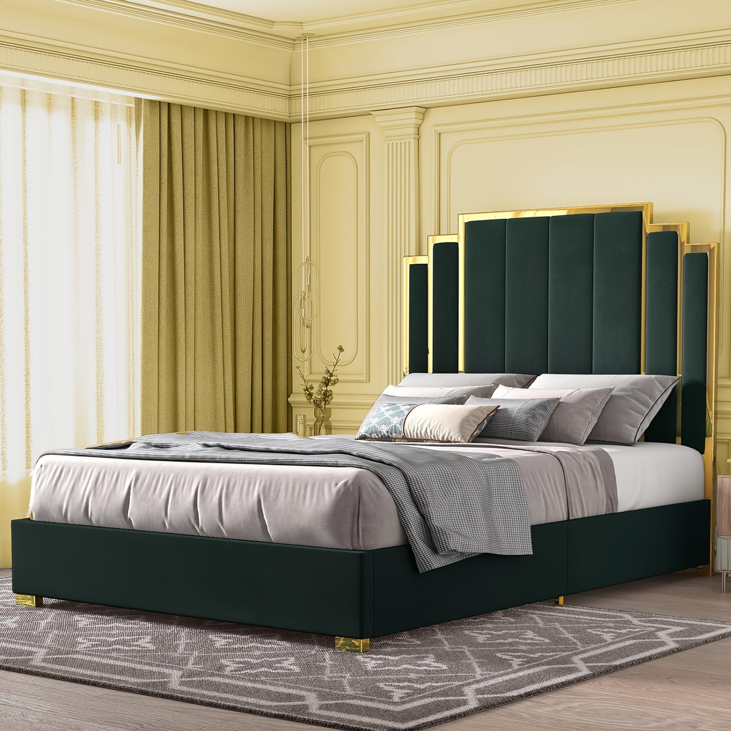 Papajet Golden Trimmed Upholstered Bed Frame with 61-Inch Headboard - Modern Platform Style
