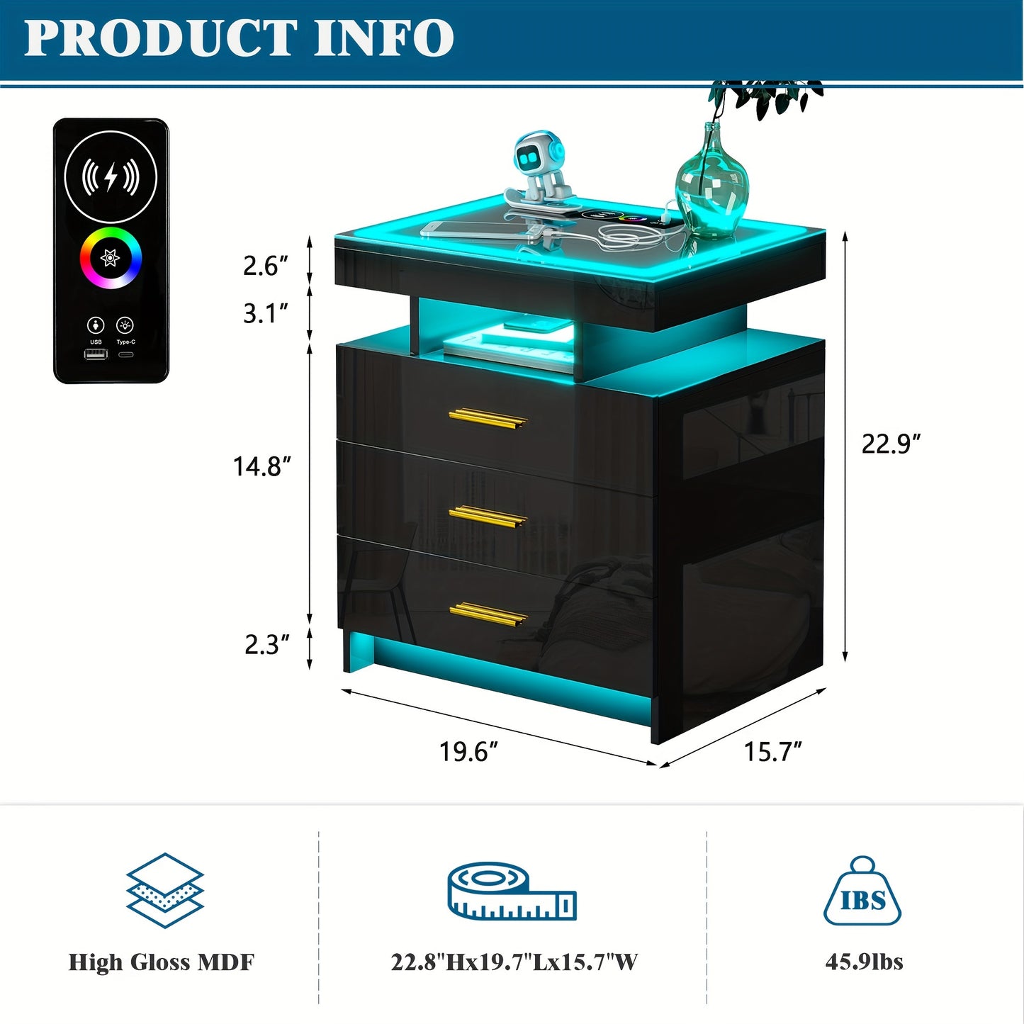 Lvifur High Gloss Nightstand With Wireless Charging Station, Smart Night Stand With RGB Dynamic Lighting, Modern Bed Side Table With Drawers Sliding Tray, Glass Tabletop