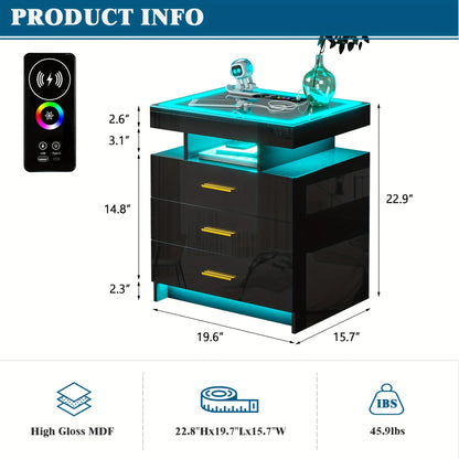 Lvifur High Gloss Nightstand With Wireless Charging Station, Smart Night Stand With RGB Dynamic Lighting, Modern Bed Side Table With Drawers Sliding Tray, Glass Tabletop