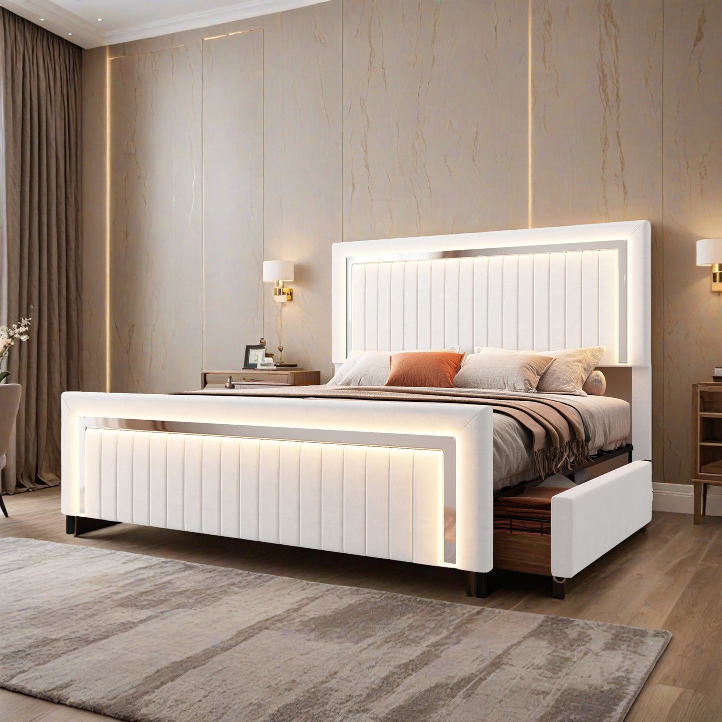 Queen/King Upholstered Platform Bed with LED Lights - 4 Storage Drawers& Adjustable Channeled Headboard, No Box Spring
