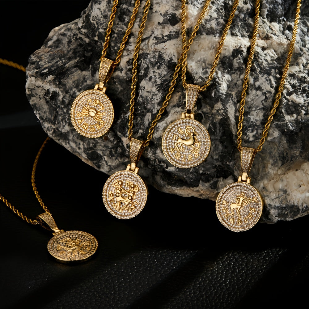12 Zodiac Coins Necklace - 14K Gold Plated Golden Plated Hip-Hop Astrology Pendant with Synthetic Synthetic Zirconia Stones, 24in 304 Stainless Steel Chain, Unisex Jewelry Gift for Women & Men (Birthdays, Mother’s Day, Fath