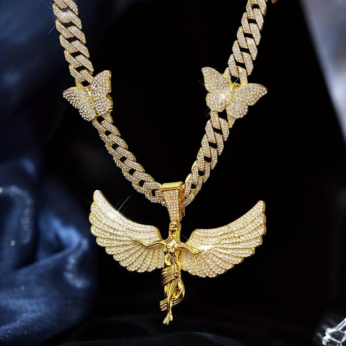 Glamorous Rhinestone Angel Winged Goddess Pendant Necklace with Butterfly - Unisex Zinc Alloy Cuban Chain for Party, Street Style, Night Club - Hip Hop Rapper Jewelry, Thanksgiving and Christmas Gift