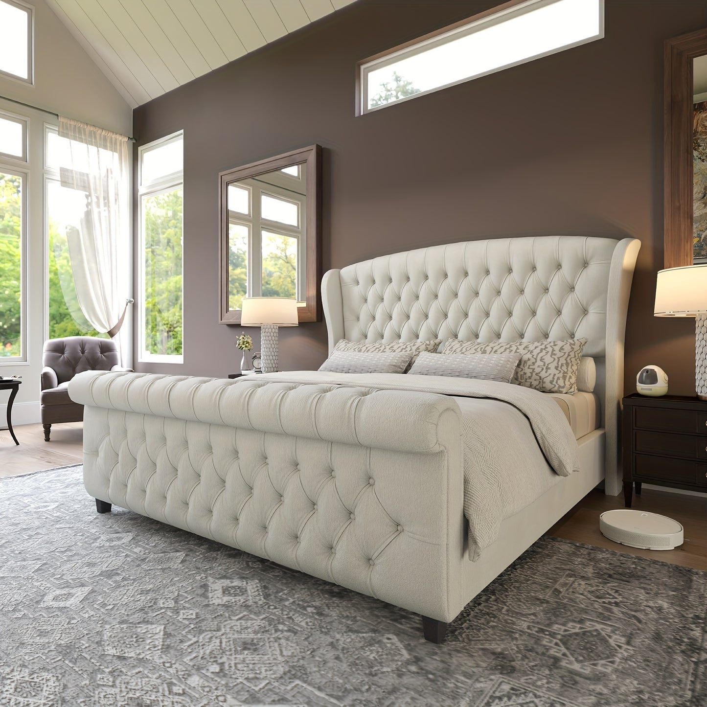 Platform Bed Frame, Chenille Upholstered Sleigh Bed with Scroll Wingback Headboard & Footboard/Button Tufted/No Box Spring Required/