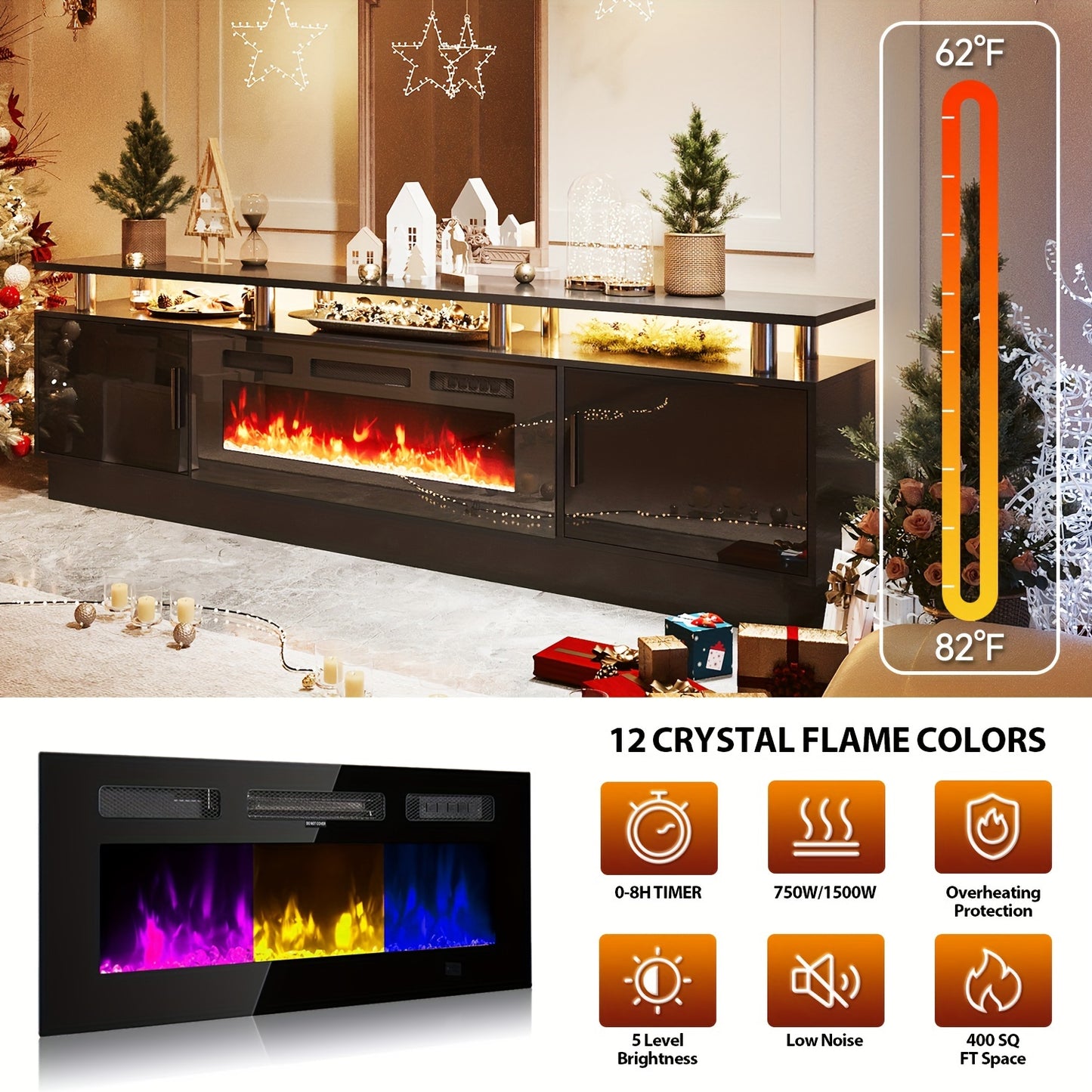 70"/80" Modern Electric Fireplace TV Stand For TVs Up To 80 Inch, With Electronic Flame And LED Lights, Luxury High Gloss Finish Entertainment Center For Living Room, Black
