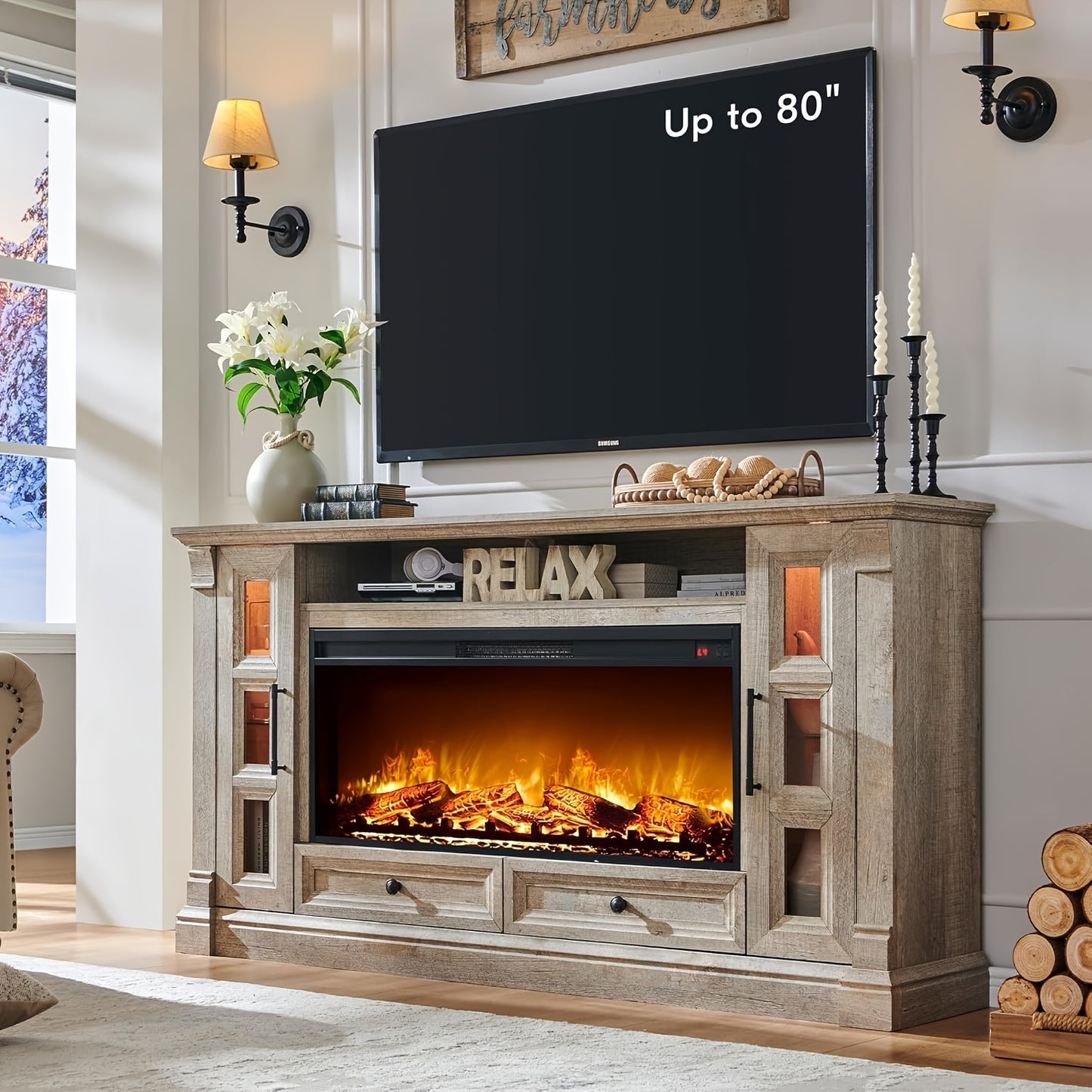 Farmhouse Fireplace TV Stand - 36" Electric for 80" TVs
