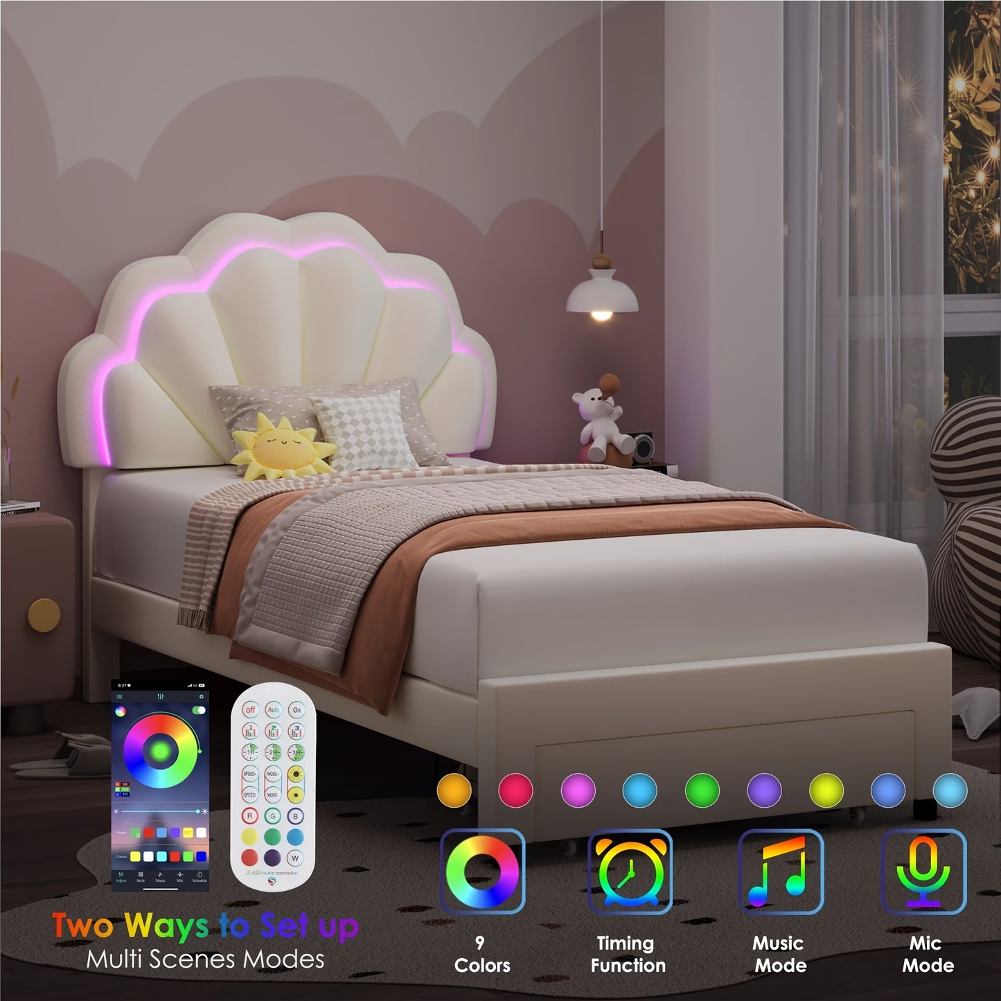 FULTRU LED Bed Frame With Large Storage Drawer, Velvet Upholstered Platform Bed With Adjustable Floral Headboard