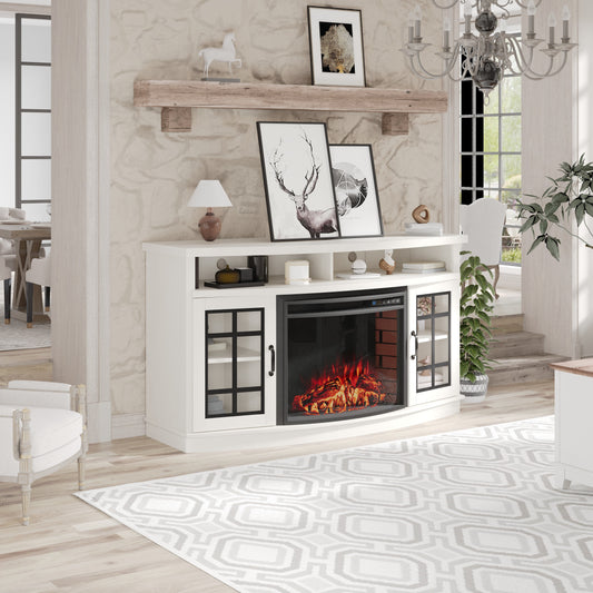 59-Inch Curved Fireplace TV Stand: Farmhouse Style Entertainment Center with 26'' Electric Fireplace, Glass Door Storage Cabinet, and Open Shelves, Fits TVs up to 65"