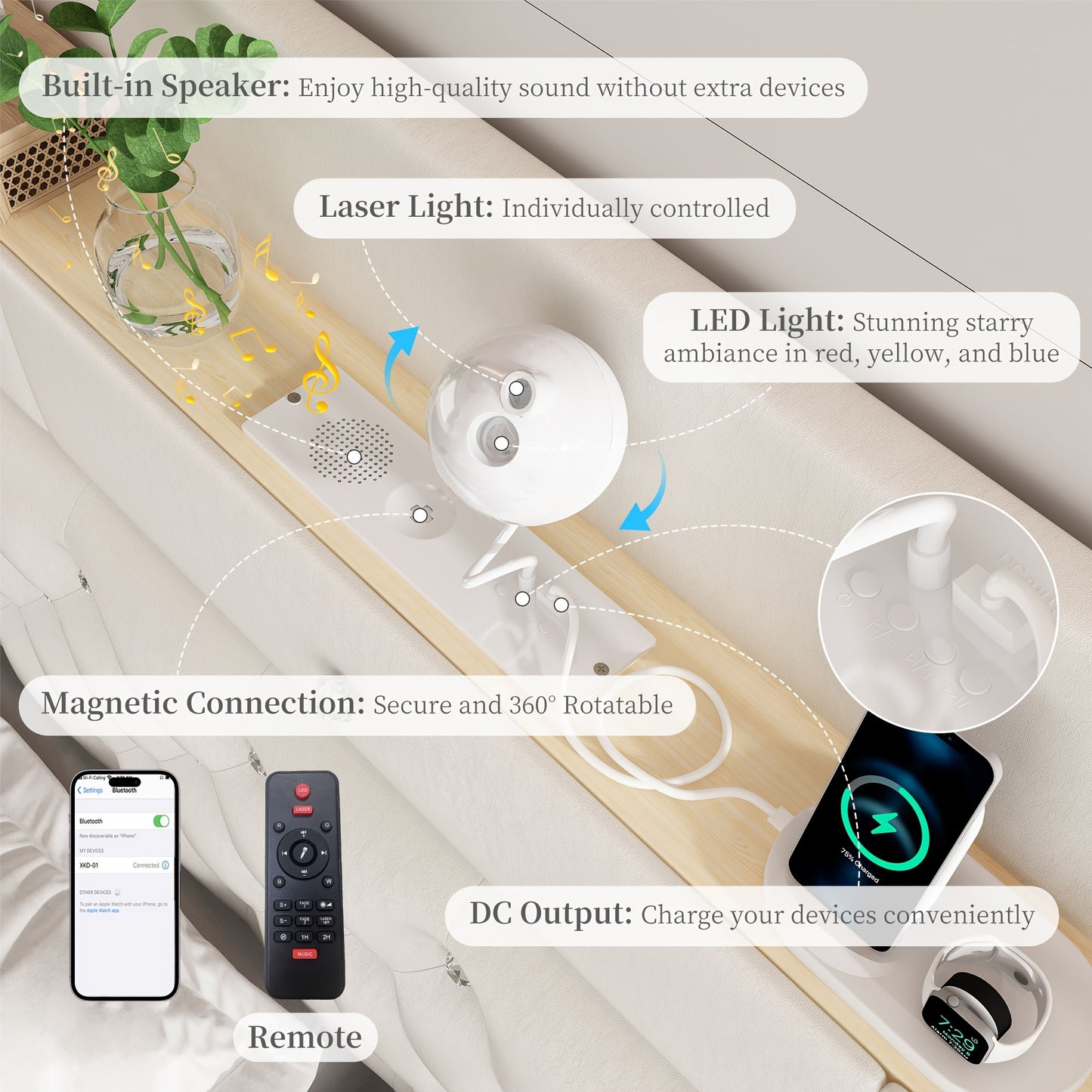 SIBEDS Luxury Queen Bed Frame with Galaxy Aurora Star Projector, USB Charging Station & 2 Storage Drawers - Full Size Platform with Crystal Button Tufted Headboard, Noise-Free Faux Leather, Hardwood Construction