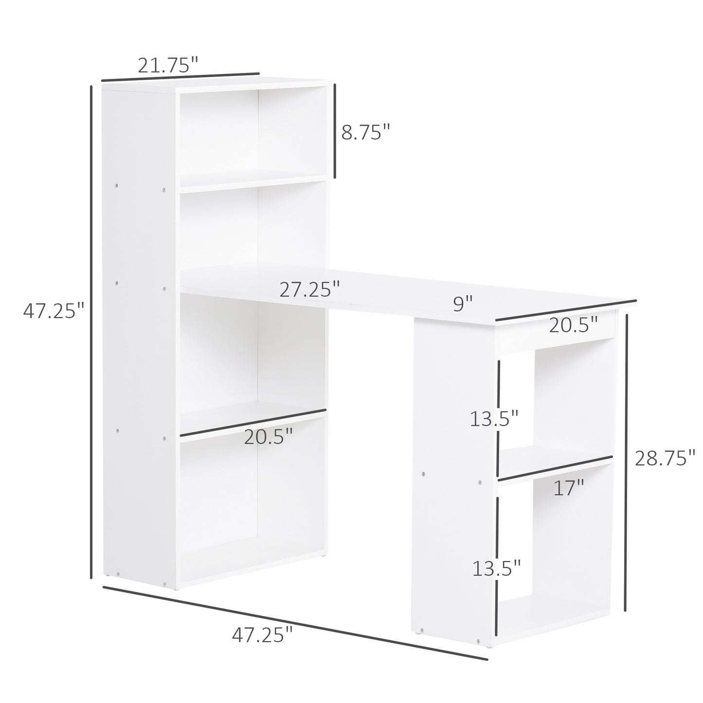 HOMCOM Modern Home Office Desk with 6-Tier Storage Shelves, 47" Writing Table with Bookshelf