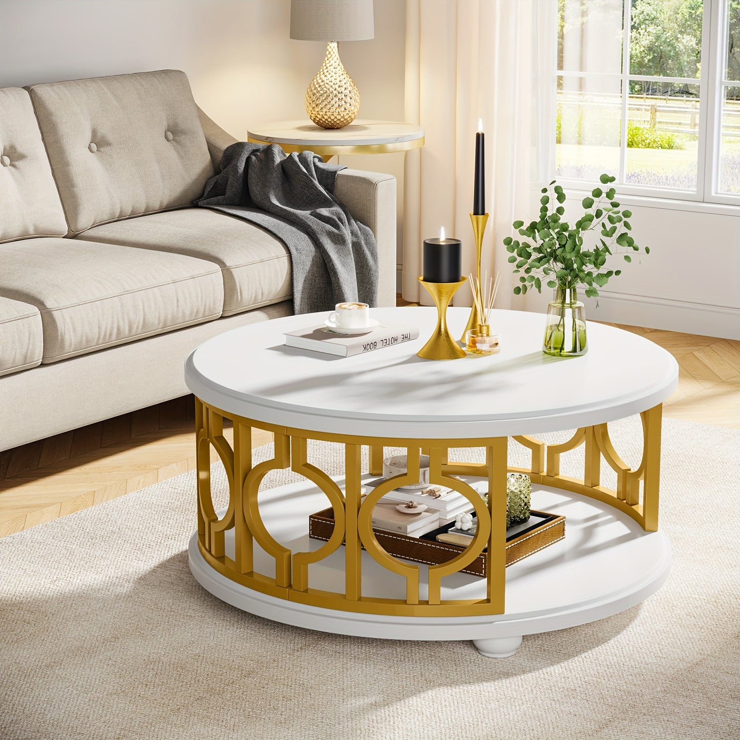 Round Coffee Table, 2-Tier Circle Coffee Table With Storage Shelf, Modern Center Table For Living Room & Office, White And Gold