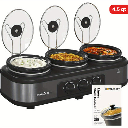 3-Pot Slow Cooker Buffet Server with 10 Cooking Liners - Triple Slow Cooker Food Warmer for Parties - Adjustable Temperature - 4.5 QT - Ideal for Large Gatherings & Family Dinners
