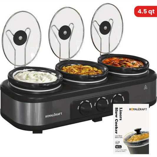 3-Pot Slow Cooker Buffet Server with 10 Cooking Liners - Triple Slow Cooker Food Warmer for Parties - Adjustable Temperature - 4.5 QT - Ideal for Large Gatherings & Family Dinners