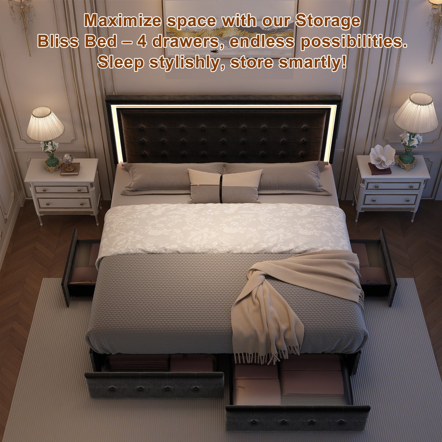 LED Queen Bed Frame - 4 Drawers & Adjustable Headboard