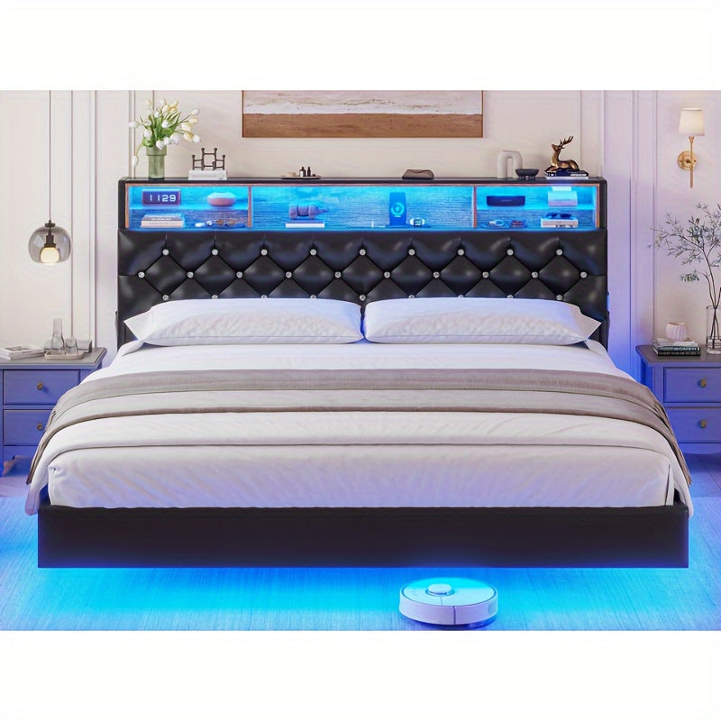 King Size Floating Bed Frame with LED Lighting and Tufted Upholstered Headboard, Hidden Storage, Plug Powered, Metal Construction, Contemporary Style, No Box Spring Needed, US Plug, Black PU
