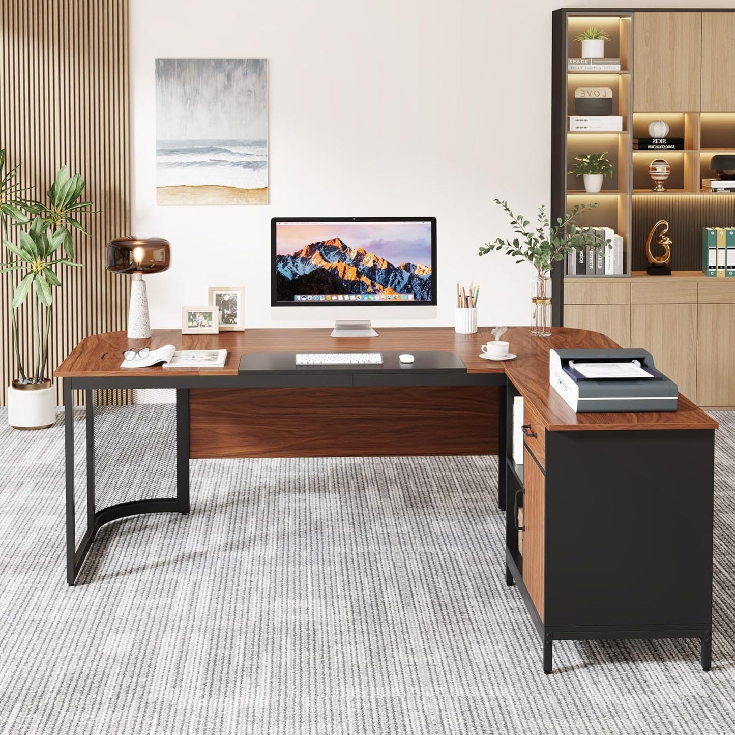 63-Inch Executive Desk - Large L-Shaped Desk with Drawer Cabinet & Storage Shelves - Corner Executive Office Desk - Business Furniture Set Workstation for Home Office - For Professionals & Entrepreneurs - Perfect for Home Off