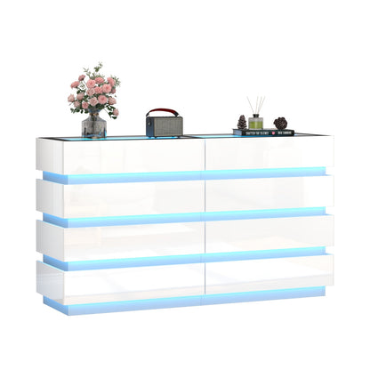Modern 8-Drawer Dresser with Glass Top, High Gloss White Chest of Drawers, RGB LED Illumination, Wood-Based Panel & Hardwood Jewelry Display, with Closed Storage <3.2 Cubic Feet, for Bedroom, Living Room - US Plug, 110-130V