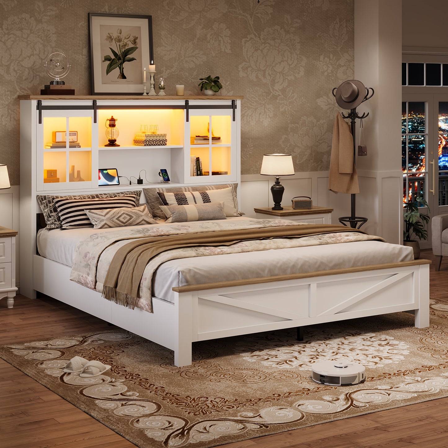 Farmhouse Queen Size Bed Frame with Bookcase Headboard Platform Bed Frames with LED Lights & Charging Station, Queen Storage Bed with Sliding Barn Door, Noiseless, White
