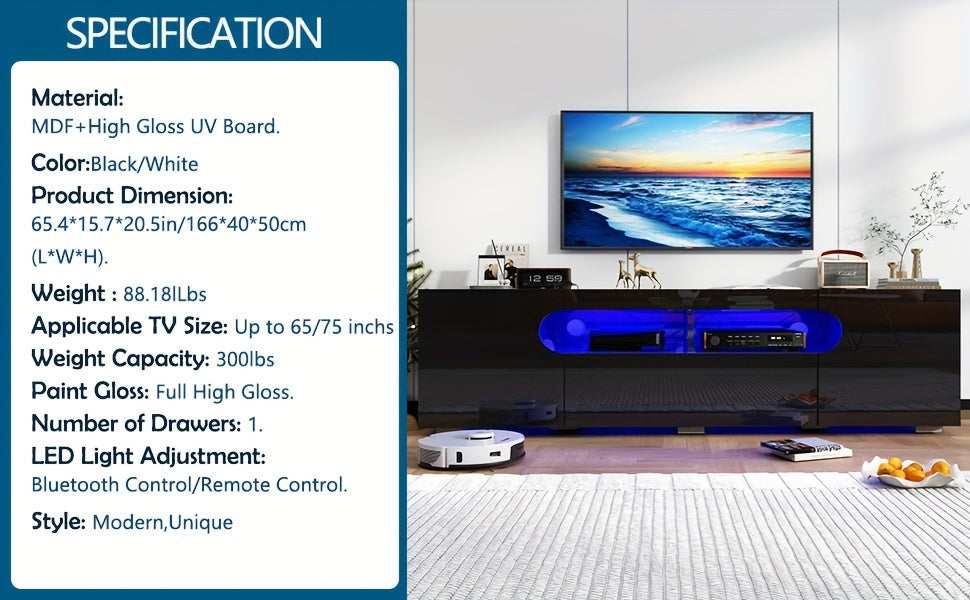 65IN LED TV Stand For 65/70/75inch TV, Modern Black TV Stand For Living Room, High Glossy TV Entertainment Center With Large Storage Drawer, APP RGB Light, TV Console, TV Cabinet (Black)